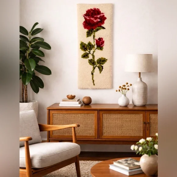 🌹Vintage Shillcraft Rose Weave Handmade Wall Hanging Mid Century Modern Rug Art - Picture 1 of 8